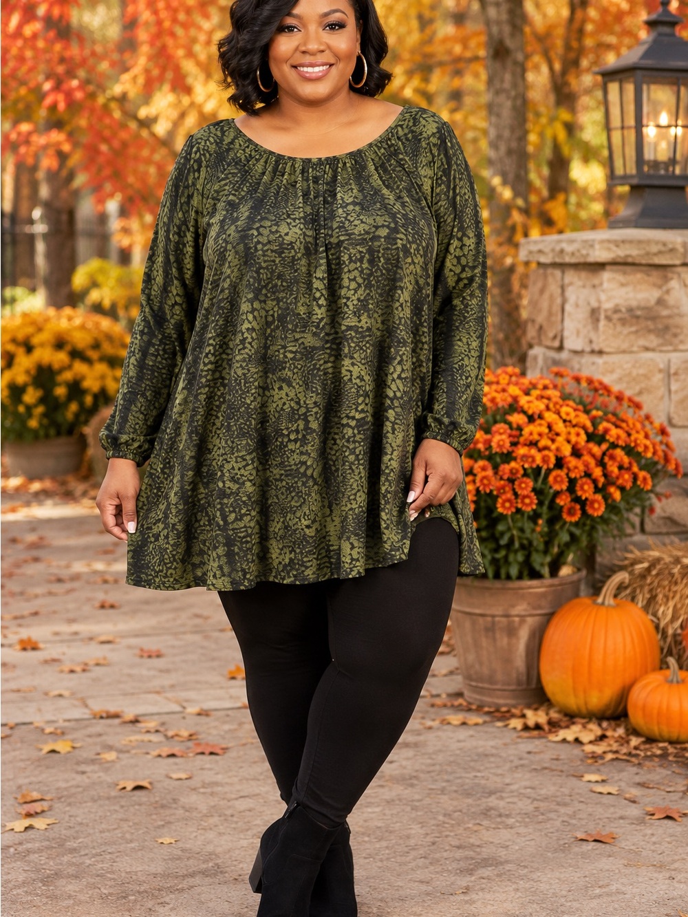 Ava & Viv Olive Green Printed Long-Sleeve Peasant Tunic 2X